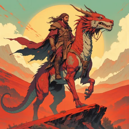 intricate linework with expressive contrasts, soft lighting with dynamic highlights, In the style of ff-td, red desert with dunes in background, a eastern dragon with vibrant coloring being ridden by a human,