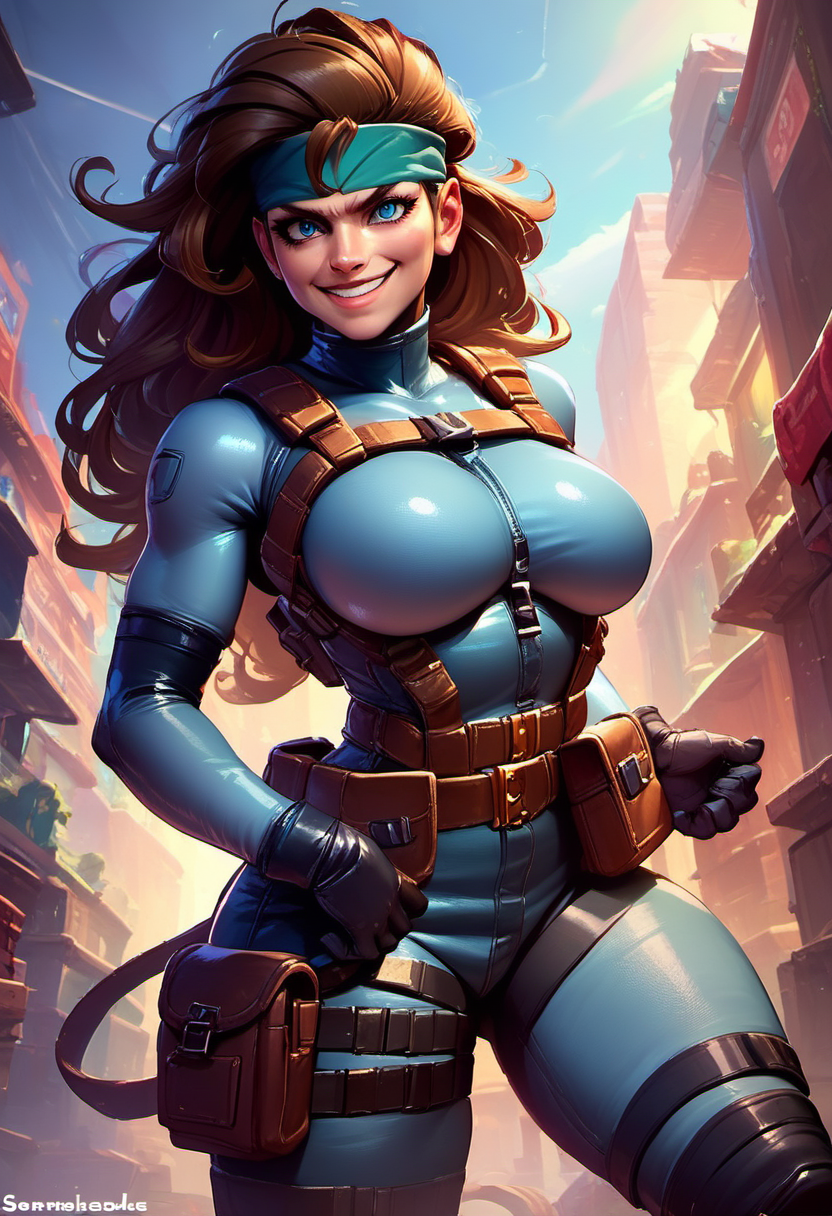source_furry, <lora:MtF_Genderswap:1>, genderswap \(mtf\), <lora:solidsnake-pdxl-nvwls-v1:0.7>, solidsnake, solo, 1girl, large breasts, brown hair, long hair, headband, blue bodysuit, gloves, harness, belt pouch, smile, outdoors, looking at viewer,, BREAK , zPDXL, score_9, score_8_up, score_7_up, score_6_up, score_5_up, score_4_up