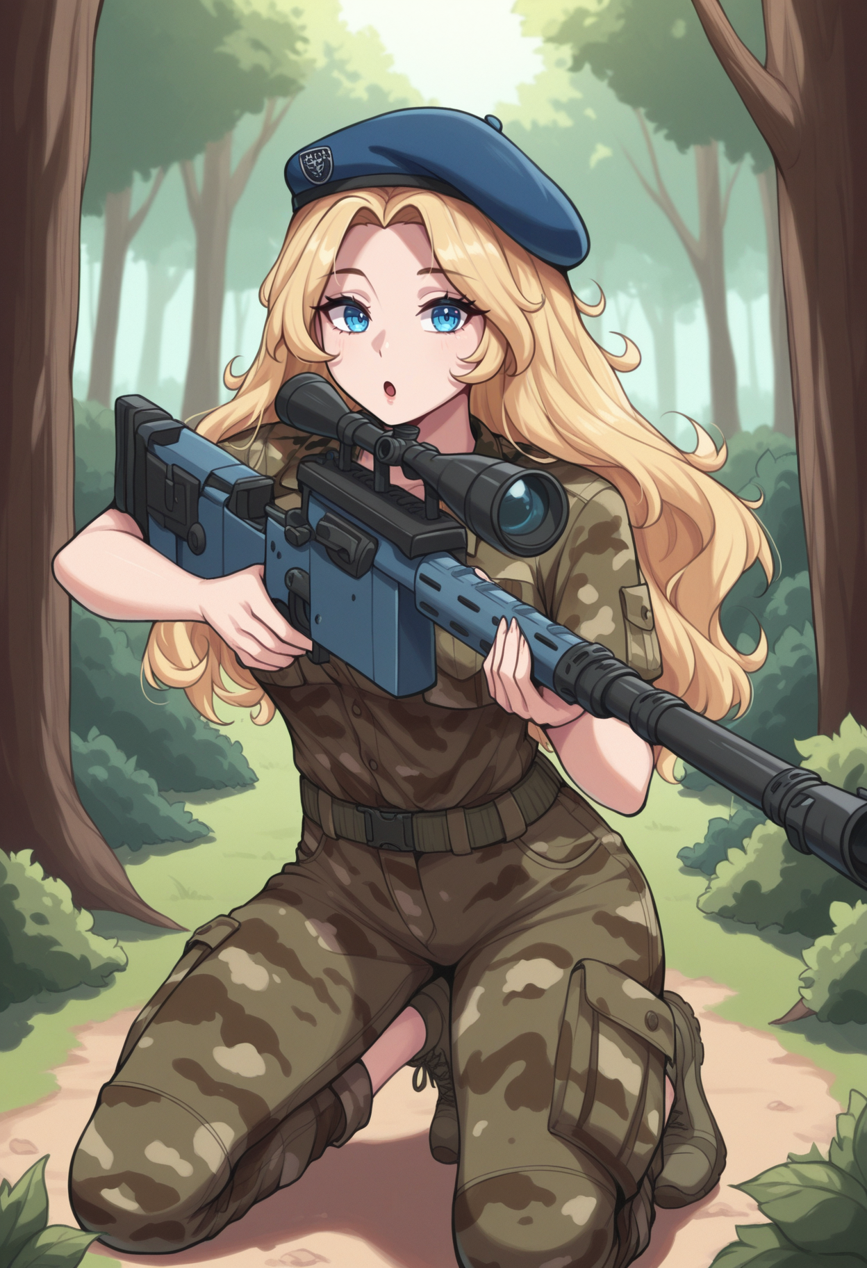 masterpiece, best quality, 1girl, solo,  <lora:NSHaleyStardew:1> NSHaleyStardew, long hair, blonde hair, blue eyes, wavy hair, blue beret, camo shirt, camo pants, sniper rifle, aiming, :o, forest, kneeling
