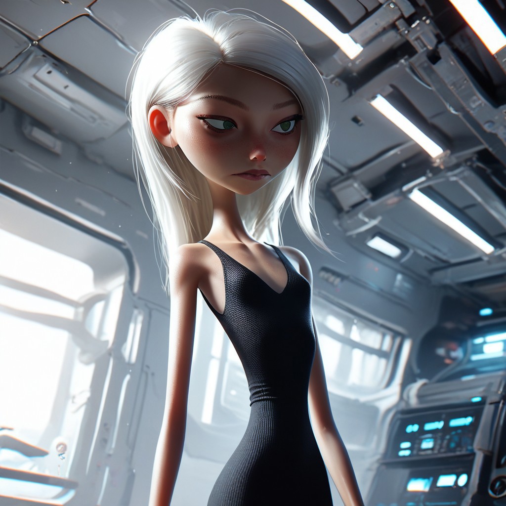 score_9, score_8_up, score_7_up, score_6_up, score_5_up, score_4_up, rating_questionable, source_cartoon, 1girl, mi_rage, very skinny, dress, futuristic room, white hair