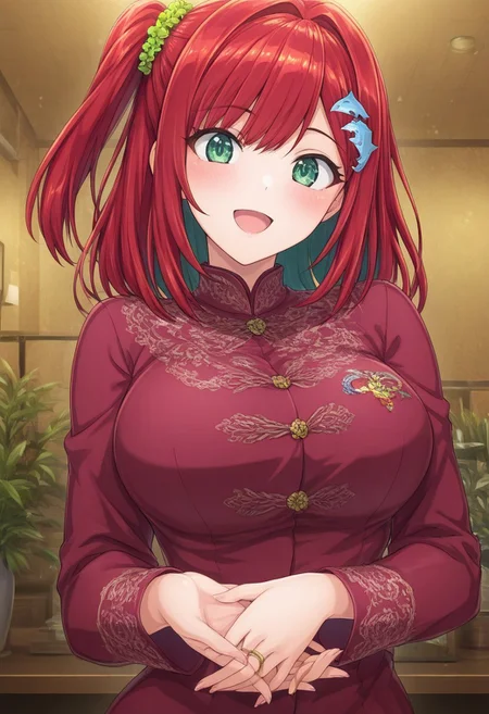 prefect lighting,very aesthetic,prefect hands,best quality,
intricate details,highly detailed background,(masterpiece:0.9),high quality,lustrous_skin,skindentation,(zPDXL3),
ultra delicate hair,
face_detail,
skin_detail,<lora:cfg_scale_boost>,
lustrous_skin,skindentation,
shiny skin, masterpiece,best quality,ultra-detailed, st_iruka, red hair, hair ornament, green hair scrunchie, smile, clothes, outfit, upper body, portrait, open mouth, medium breasts