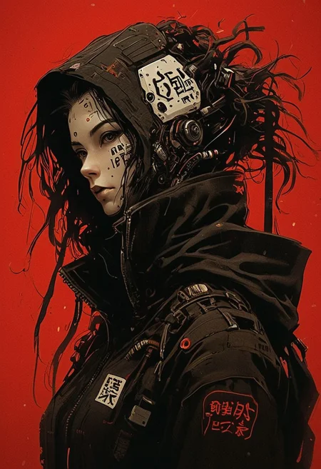 mechanical parts, wires, cables, cyberpunk, closeup portrait of a woman with a half robot face, pastel red/white colored, assassinkahb style, closeup photo of an wired-cyborg assassin with half robot face wearing a black high collar hooded parka with technical macro writing resembling an qr-code//bar-code on the back, solo, woman, high collar parka, upper body,, female focus, long hair in wind, weapon, clothes writing, japanese flag, crepuscular rays, volumetric lighting, ultra detailed, deep Blacks, very detailed, atmospheric haze, Film grain, cinematic film still, shallow depth of field, highly detailed, high budget, cinemascope, moody, epic, OverallDetail, 2000s vintage RAW photo, photorealistic, candid camera, color graded cinematic, eye catchlights, atmospheric lighting, imperfections, natural, shallow dof