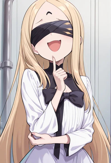 1girl, solo, blonde hair, parted bangs, long hair, blindfold, long sleeves, dress, crossed arms, finger to chin, open mouth, smug, indoors, factory <lora:Abby_Illus:1> <lora:Ohr_Blue_Archive:1> (kuroboshi kouhaku:0.6) anime screencap,, masterpiece, best quality, amazing quality, very aesthetic, absurdres, highres, newest