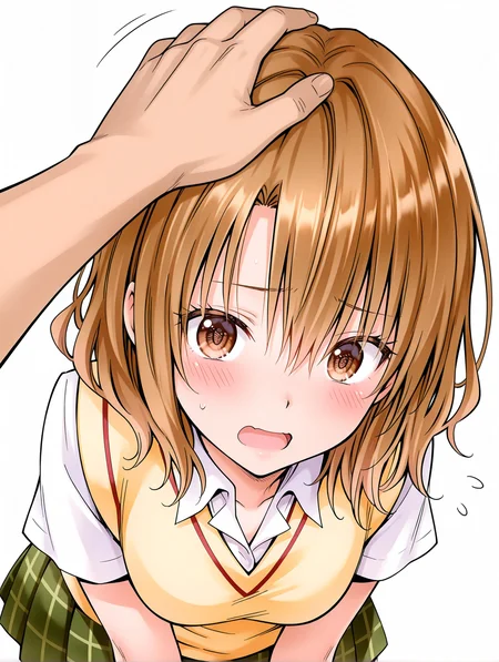 masterpiece,best quality,newest,
1girl,solo,
<lora:m_risa_ilxl_v1.1:1>,momioka,brown hair,brown eyes,m_clothes,short sleeve blouse,sweater vest,green plaid skirt,
<lora:Fixhands_anime_bdsqlsz_V1:1>,simple_background,white background,face_focus,upper_body,open mouth,hand_in_hair,hand on another's head,headpat,pov hand,portrait,pov,light_blush,blush,flustered,dashed eyes,
