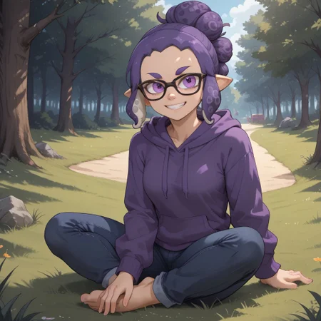 score_9, score_8, BREAK, solo, splatoon, inkling, female inkling, 1girl, tentacle hair, purple hair, single hair bun, purple eyes, glasses, cute, purple eyebrows, purple hoodie, purple jeans, barefoot, breasts, Jeanette_Romero_(\OC_Inkling\), sexy pose, self portrait, smile, outdoors, sunlight, shadows, evening lighting, natural lighting, forest, trees, grass, orange sky, sunset, sitting, feet, soles