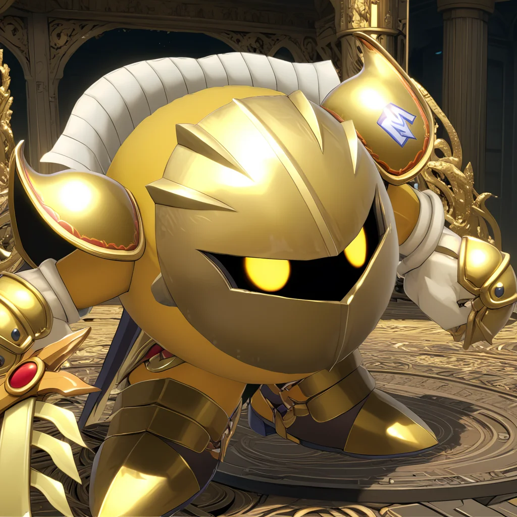 MetaknightXL, mask, yellow eyes, sword,<lora:MetaknightXL:1>, gold outfit, (anime, masterpiece, intricate:1.3), (best quality, hires textures, high detail:1.2), (4k),(incredibly detailed:1.4),UHD, 8K, ultra detailed
