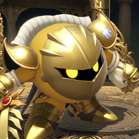 MetaknightXL, mask, yellow eyes, sword,<lora:MetaknightXL:1>, gold outfit, (anime, masterpiece, intricate:1.3), (best quality, hires textures, high detail:1.2), (4k),(incredibly detailed:1.4),UHD, 8K, ultra detailed