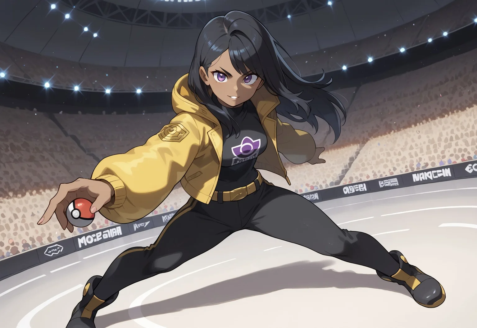 pokemon_journeys, Expressiveh, score_9, score_8_up, score_7_up, perfectly detailed face, high quality, EyesHD, solo, female, 1girl, dark-skinned female, long hair, black hair, purple eyes, full body, dynamic pose, belt, pokeball, holding pokeball, long sleeve, yellow jacket, black top, black boots, black pants, standing, arena, pawmot