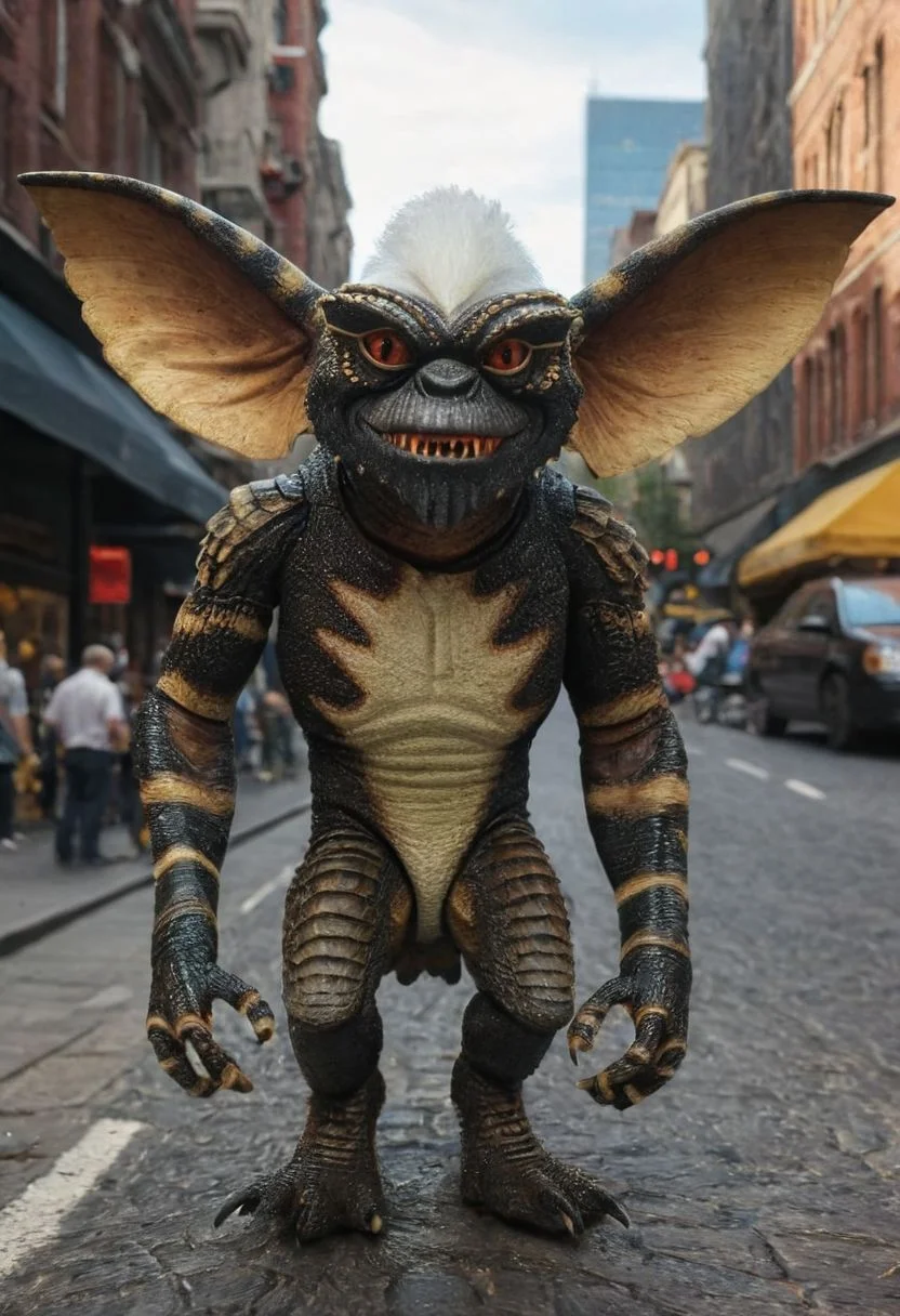 amazing quality, masterpiece, best quality, hyper detailed, ultra detailed, UHD, perfect anatomy, portrait, dof,in a street of big city, hyper-realism, majestic, awesome, inspiring, - (ogremlino,Ostrikero , :1.0), cinematic composition, soft shadows, national geographic style,