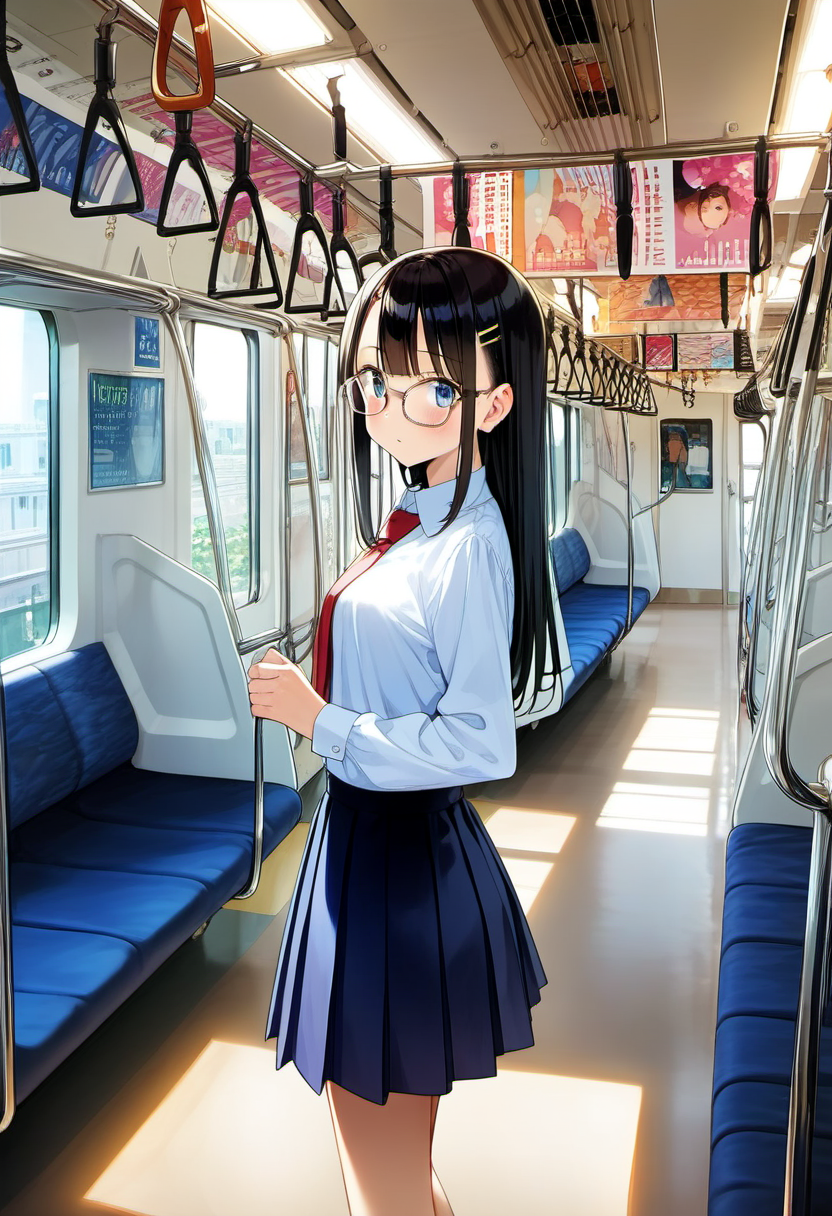score_9, score_8_up, score_7_up, rating_safe, masterpiece, best quality, absurdres, unity 8k wallpaper, official art, official style, source_anime, game cg, megami magazine,  glasses,
1girl, solo, glasses, black hair, long hair, blue eyes, collared shirt, red necktie, pleated skirt, blue skirt, looking at viewer, blush, 
e233, train interior, scenery, seat, vanishing point, poster (object), sunlight, 
 <lora:E233_1000_PONY_V1:1>