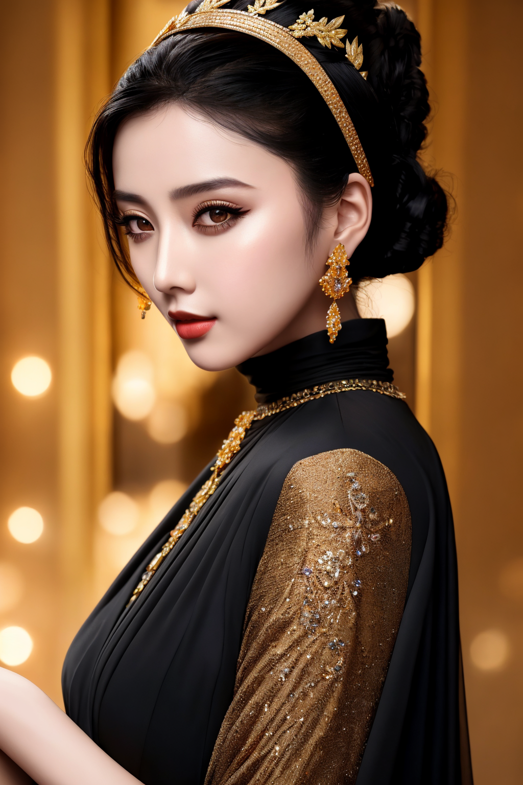 Masterpiece, high quality, 4K, beautiful design, shiny, from the front, award winning photo, extremely detailed, amazing, fine detail, absurdres, highly detailed woman, extremely detailed eyes and face, by lee jeffries nikon d850 film stock photograph 4 kodak portra 400 camera f1.6 lens rich colors hyper realistic lifelike texture dramatic lighting unrealengine trending on artstation cinestill 800 tungsten, solo, 1girl,
fanbingbing, a woman in a black dress and gold jewelry , wearing fanbingbing fashion
 <lora:FanFashion:0.8>