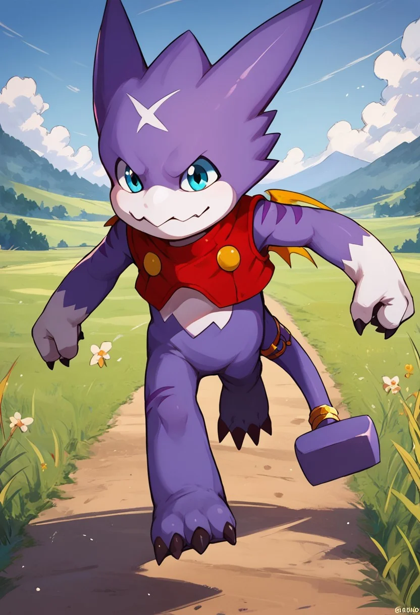 score_9, score_8_up, score_7_up, solo, digimon (creature), violet skin, gumdramon, red vest, hammer tail, wings, running, outside, field