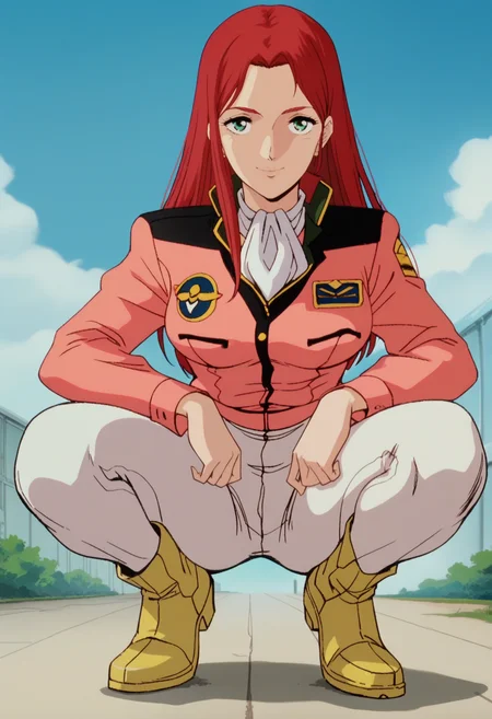 score_9, score_8_up, score_7_up, score_6_up, anime screencap, anime coloring, <lora:G0080CM_epoch_10:0.9>, G0080CM, red hair, green eyes, long hair, breasts,
military uniform, pink jacket, white ascot, white pants,
yellow boots, squatting, looking at viewer, shaded face, shadow, light smile, front view,
BREAK outdoors, blue sky, sky, day, sunbeam,