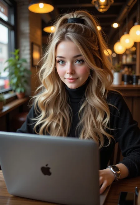 score_9, score_8_up, score_7_up, realistic, elle, long blond wavy hair, cute, petite, from below, (big beautiful eyes:1.2), gorgeous girl, cute face, 18yo, slim body, (absurdly long hair:1.1), small perky breast, peaceful, blonde hair, high ponytail, green eyes, freckles, pale skin, shy smile, sitting on a table, cafe, working on a laptop (looking at the laptop), headphones, turtleneck, waist, jeans , sneakers, warm light, soft focus, depth of field, cinematic composition, Elle, Midjourney style,