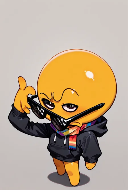 <lora:xmattar-10:1> xmattar, , rainbow scarf, , solo,, pixel sunglasses, 1boy,black hoodie, yellow skin, circular head,,yellow legs, no pants, short legs, <lora:sus-guy-il:1.1> mikus-concept, sunglasses, standing, confident pose, raised eyebrow, chibi, masterpiece, best quality, amazing quality, very aesthetic, absurdres, newest,