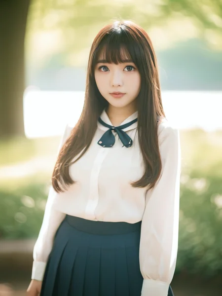 Portrait Photography, cute Japanese Idols, Layered Long Hair, Beautifully detailed eyes,
blouse, Pleated skirt, (skinny, large breasts),
morning park, film grain, retro, (bokeh:1.3), sharp focus on subject, <lora:SkimMilk-10:0.7>