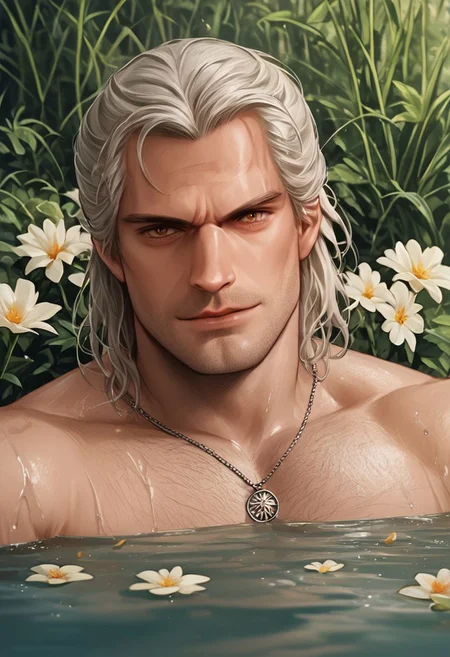 score_9, score_8_up, score_7_up, score_6_up, score_5_up, score_4_up, source_anime, 1man, solo, hud_sp_bth, flower, petals, water, bath, plant, dskGeralt, detailed face, handsome face, straight nose,