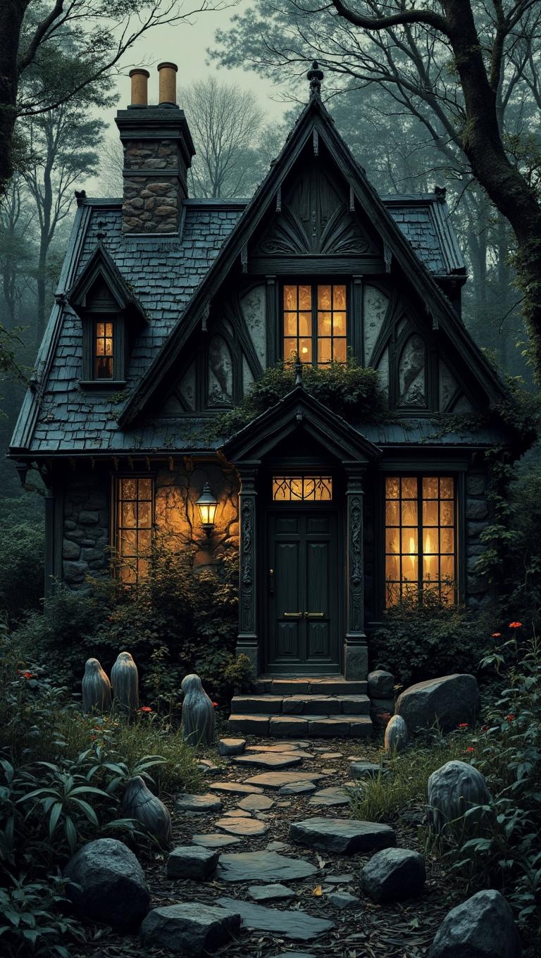 <lora:scribble-flux-v1.safetensors:1> xslx scribble
In the dusky heart of the forest, the air is heavy with the scent of decaying leaves and the whisper of forgotten secrets. As the sun sets, a gothic cottage emerges from the shadows, its silhouette a blend of serenity and sorrow. The stone path, worn smooth by countless feet, weaves through wilting flowers and overgrown vegetation, leading to the cottage's entrance. The intricate wood carvings on the cottage walls, once a testament to life and beauty, now bear the marks of time's relentless passage.
The warm glow from the windows is tinged with a spectral hue, casting long, eerie shadows that dance across the moss-covered stones. Inside, the atmosphere is thick with the chill of the grave, and the faint murmur of ghostly whispers fills the air. The wooden door, adorned with faded carvings of mythical creatures, creaks open to reveal a dimly lit interior, where the scent of decay mingles with the remnants of forgotten feasts.
Despite the haunting presence, there is a melancholic beauty in the scene. The once-vibrant textiles now drape in tattered elegance, and the decaying statues in the garden stand as silent sentinels, their expressions frozen in eternal sorrow. The air is still, but not lifeless; it hums with the distant echo of a world where the boundaries between life and death are but a thin veil. The cottage, a blend of the enchanting and the macabre, stands as a testament to the duality of existence, where even in decay, a mournful elegance endures.