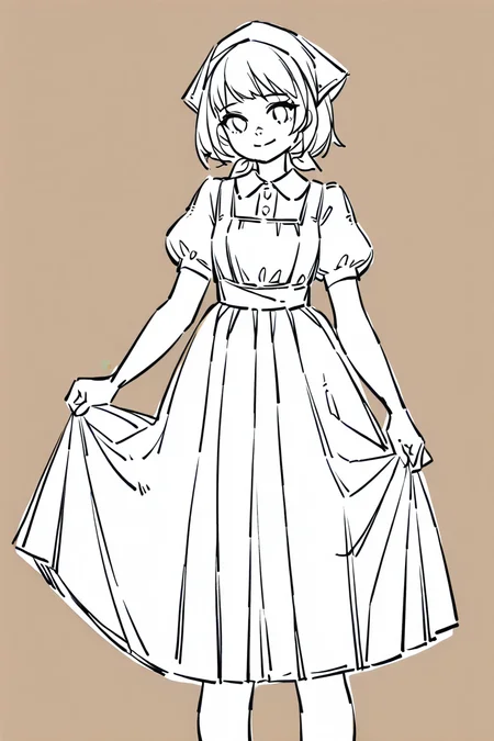 <lora:Sktchst_IL:1> sktchst, 1girl, solo, dress, monochrome, short hair, head scarf, short sleeves, skirt hold, closed mouth, puffy sleeves, looking at viewer, clothes lift, simple background, smile, standing, lifted by self, bangs, puffy short sleeves, skirt lift
