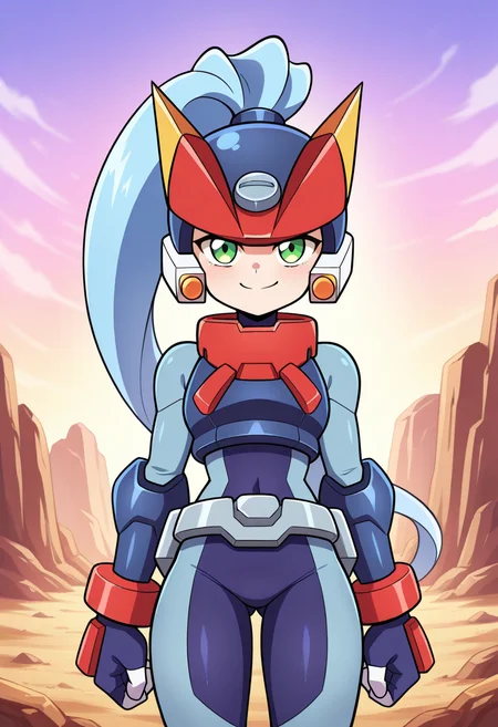1girl, solo, modelamegarockonmerge, blue hair, long hair, high ponytail, green eyes, helmet, hair through headwear, armor, spandex, metal belt, gauntlets, cowboy shot, straight on, smug, smile, outdoors, quarry,