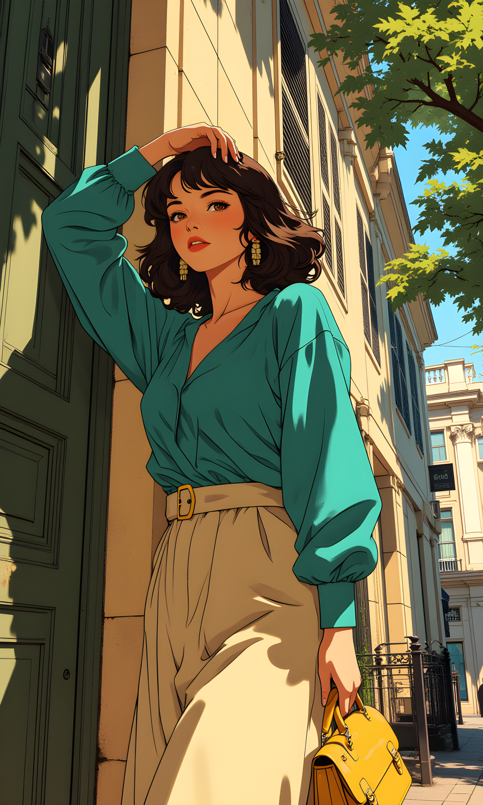 A stylish and elegant scene featuring a woman posing on a street. The camera is positioned at a low angle, looking up at the subject, which creates a sense of height and perspective. The angle also emphasizes the expanse of the street and the surrounding environment.
The lighting in the image is bright and natural, likely from sunlight coming through the trees. The light type appears to be natural daylight, which creates a warm and inviting atmosphere. The light direction is from above, casting shadows that highlight the contours of her face and the texture of her clothing.
The woman is leaning against a wall, with one hand resting on her head and the other holding a yellow bag. Her expression is confident and poised, adding to the overall sense of style and elegance. She is wearing a turquoise blouse paired with a beige skirt, which adds a pop of color to the scene. Her hair is styled loosely around her shoulders, adding a touch of softness to the overall look.
The background features a building with shutters and a tree, suggesting an urban or suburban setting. The colors and textures in the background complement the subject's outfit, creating a harmonious and visually appealing composition.
The overall mood of the image is one of confidence and fashion-forwardness, capturing a moment of everyday style in a beautiful outdoor setting. The combination of the woman's pose, the bright lighting, and the classic architecture creates a visually stunning and memorable photograph.
BREAK anime, d13s3lp2nk, bboil artist style, OBdonman, Anime art, <lora:FLUX\Anime Art V3:0.4>, <lora:FLUX\Synesthesia:0.2>, <lora:FLUX\RetroAnimeS1.1:0.4>, <lora:FLUX\Flux-jijia:0.1>, <lora:FLUX\It's a LoRA for portraits, BUT! actually specialized in backgrounds. v1.0:0.1>, <lora:FLUX\GLSHS:0.2>, <lora:FLUX\Dieselpunk Delight - s0_9 g4:0.2>, <lora:FLUX\OBdonman, anime0style portrait:0.1>