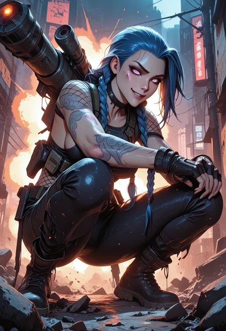 highres, very detailed, amazing quality, masterpiece, very aesthetic, particle effect, 1girl, jinx, jinx from league of legends, league of legends, beautiful eyes, looking at viewer, tough girl, slight muscle tone, tan skin, strong face, solo, toned arms, Covered in Tattoos, tattoo, neck tattoos, tight pants, ripped pants, holes ripped in pants, blue braided hair, large breasts, fishnets, torso fishnets, side boob, choker, fingerless gloves, rocket launcher, holding rocket launcher on shoulder, pistols, holding pistols, holsters, squatting down, arms on knees, ruined city, rubble, run down, looking at viewer, ((Front View)), tough pose, seducing, seductive, flirty, tender, loving, playful, cocky smirk, cocky, in a city, destroyed city, at night, nighttime, explosions in background, Sillouheted against background explosions,
From below, view from below,