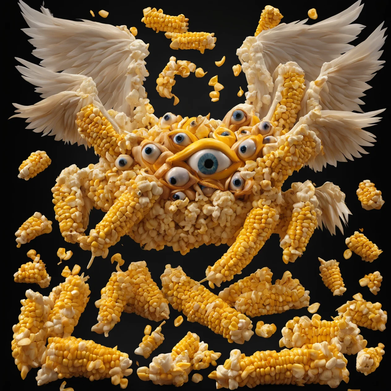 <lora:biblical_angels:1>photographic realism,biblicalangellora, integrated,wings, many eyes, rings,buffalo wings and things, dark background,<lora:CornKernelStyle:0.6>cheese corns,corn kernels,popcorn,KFC
