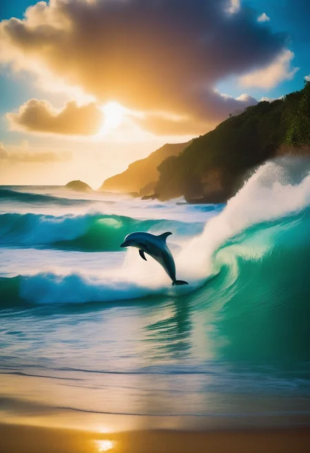 RAW Photography,palm beach, (sharpness in detail:1.1), Canon EOS 5D Mark IV, masterpiece, 35mm photograph, (iconic photograph:1.4), (visual storytelling:1.2), film grain, award winning photography of anomalous wave, very high, comes from the sea producing a very high wave, on a tropical beach, dolphin jump on wave