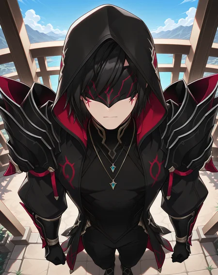 masterpiece, amazing quality, best quality, absurdres, very aesthetic,
1boy, solo, yaoi, male focus, full body, from above, standing, looking at viewer, face focus,
<lora:Solace_Base_ilxl:1>solace, black hair, facial mark, short hair, covered eyes, masked,
hood up, shoulder armor, arm guards, black pants,black gloves, hooded coat, long sleeves, vambraces, black coat, black jacket, open clothes, pauldrons, shirt,
jewelry, necklace, pendant,
outdoors, day, blue sky,