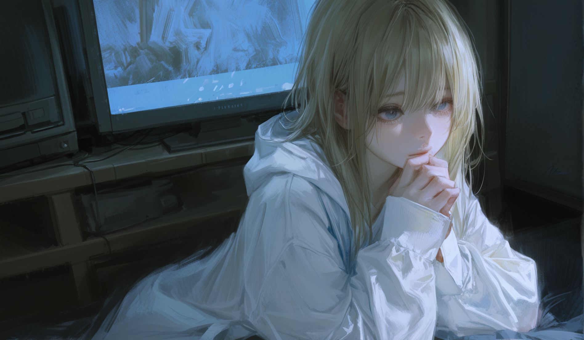 best quality,masterpiece,absurdres,newest,
<lora:ATNR_V1.1_Lokr_f4_warmup_stable_decay:0.8>,
(atnr),
This is a digital illustration rendered in a realistic, painterly style. It employs a predominantly cool color palette, bathed in shades of blue and cyan, with the character's pale skin and blonde hair providing contrast. While lines aren't distinct, forms are defined by smooth, blended brushwork creating soft transitions. The texture rendering effectively captures the softness of skin and fabric against the floor's surface. Subtle brushstrokes are visible upon close inspection, suggesting a digital painting process.
The image is defined by low-key lighting and moody lighting, with a strong, cool directional light source implied to be originating from the off-screen television, casting the scene in blue tones.
This atmospheric digital illustration depicts a young woman with long blonde hair lying prone on a dark floor. She wears a simple white hooded sweatshirt and rests her chin on her clasped hands, gazing directly at the viewer with large, expressive blue eyes. Her long hair fans out behind her. The primary light source is clearly an unseen television screen in front of her, casting a strong blue glow across her face, arms, and the floor immediately around her, while the rest of the room fades into deep shadow. An old-fashioned television set sits on a low stand in the background, confirming the source of the eerie illumination. The overall mood is one of introspection, loneliness, or perhaps boredom, captured in the quiet stillness and the cool, artificial light.