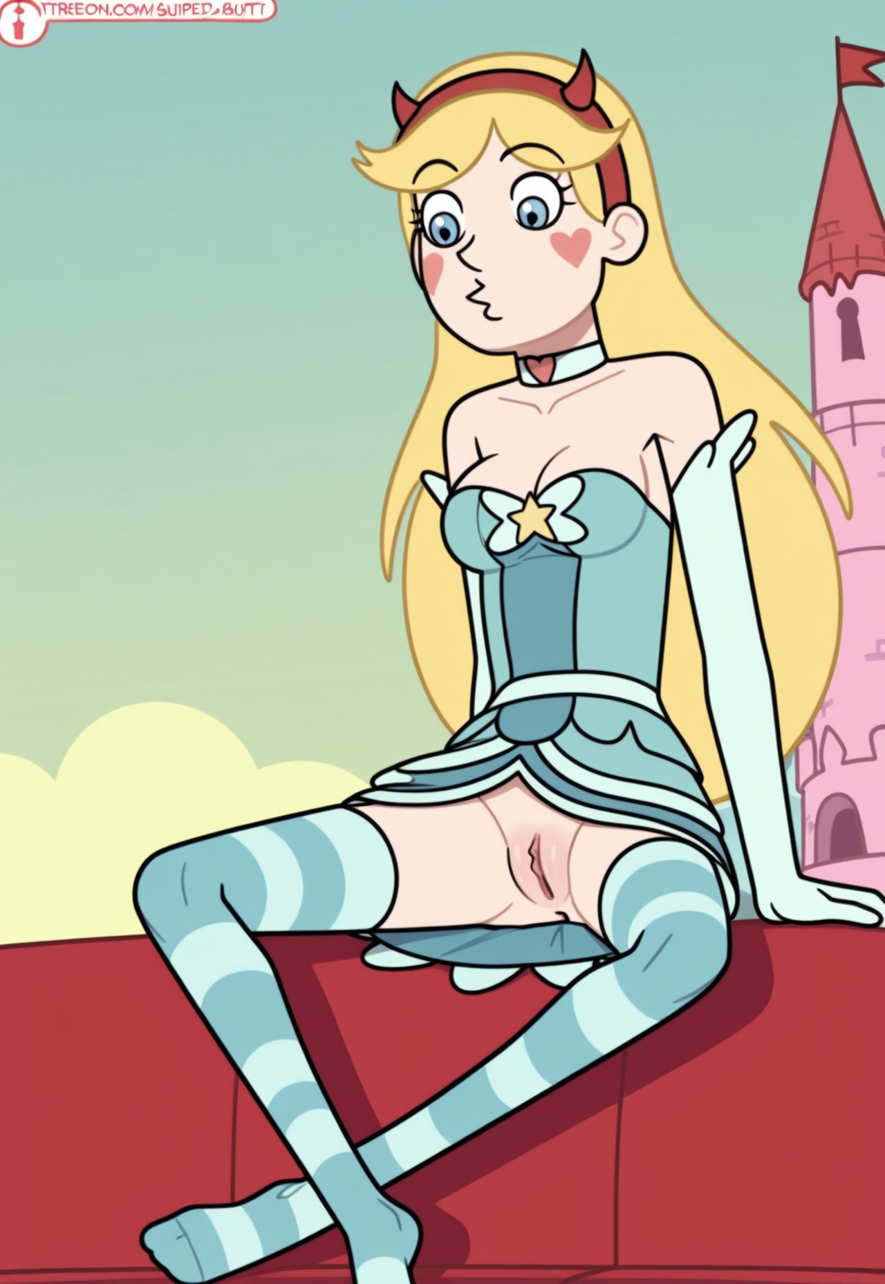Inc Style, perfect anatomy, 1girl, solo, Star Inc Butterfly,Devil Horn Headband, Chocker Inc Butt, Long Gloves Inc Butt, Stripped Long Socks Inc Butt, Dress Inc Butt, sitting cross legged, bouncy castle, 