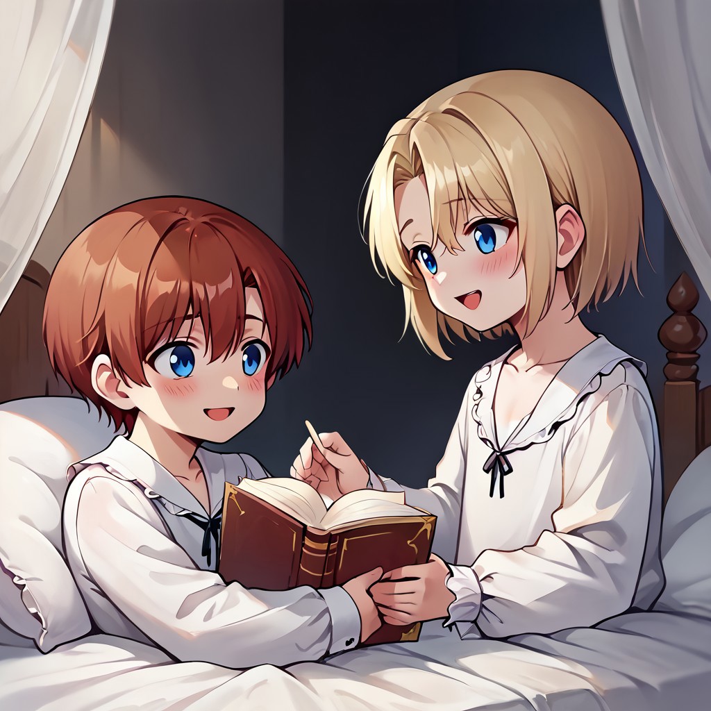 score_9, score_8_up, score_7_up, score_6_up, score_5_up, source_anime, painterly, 2boys, multiple boys, boy A and boy B, 18 years old, ((small body)), (same size), long sleeves, ruffle shirt, lace up, drawstring, large wooden headrest, nice fancy bedroom, (white nightgown:1.1), white nightshirt, [dress], white pajamas, victorian era, in bed, collarbone, white blankets, canopy bed, leaning back on large pillows, ((big white pillows)), ((dark lighting)), reading a book, looking at book, (soft warm lighting), (absurd detail), (masterpiece:1.1), (high quality), (4k), (detailed anime, anime artwork), straight hair, holding a large book, reading, cozy, (shoulder to shoulder), side by side, resting on pillows, next to each other, on bed, (warm light style), straight hair <lora:m1n0XLP:0.5> m1n0, ((high_quality)), ((Super_Detailed)), from side
BREAK boy A(((light blonde hair)), ((bangs)), hair between eyes, blue eyes, soft smile, shy, closed mouth, [blush], turning head to look at boy B, looking over shoulder, turning, looking at boy B),
BREAK boy B(auburn hair, parted bangs, golden eyes, open mouth, [laughing]),