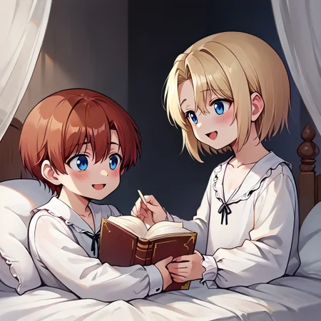 score_9, score_8_up, score_7_up, score_6_up, score_5_up, source_anime, painterly, 2boys, multiple boys, boy A and boy B, 18 years old, ((small body)), (same size), long sleeves, ruffle shirt, lace up, drawstring, large wooden headrest, nice fancy bedroom, (white nightgown:1.1), white nightshirt, [dress], white pajamas, victorian era, in bed, collarbone, white blankets, canopy bed, leaning back on large pillows, ((big white pillows)), ((dark lighting)), reading a book, looking at book, (soft warm lighting), (absurd detail), (masterpiece:1.1), (high quality), (4k), (detailed anime, anime artwork), straight hair, holding a large book, reading, cozy, (shoulder to shoulder), side by side, resting on pillows, next to each other, on bed, (warm light style), straight hair <lora:m1n0XLP:0.5> m1n0, ((high_quality)), ((Super_Detailed)), from side
BREAK boy A(((light blonde hair)), ((bangs)), hair between eyes, blue eyes, soft smile, shy, closed mouth, [blush], turning head to look at boy B, looking over shoulder, turning, looking at boy B),
BREAK boy B(auburn hair, parted bangs, golden eyes, open mouth, [laughing]),