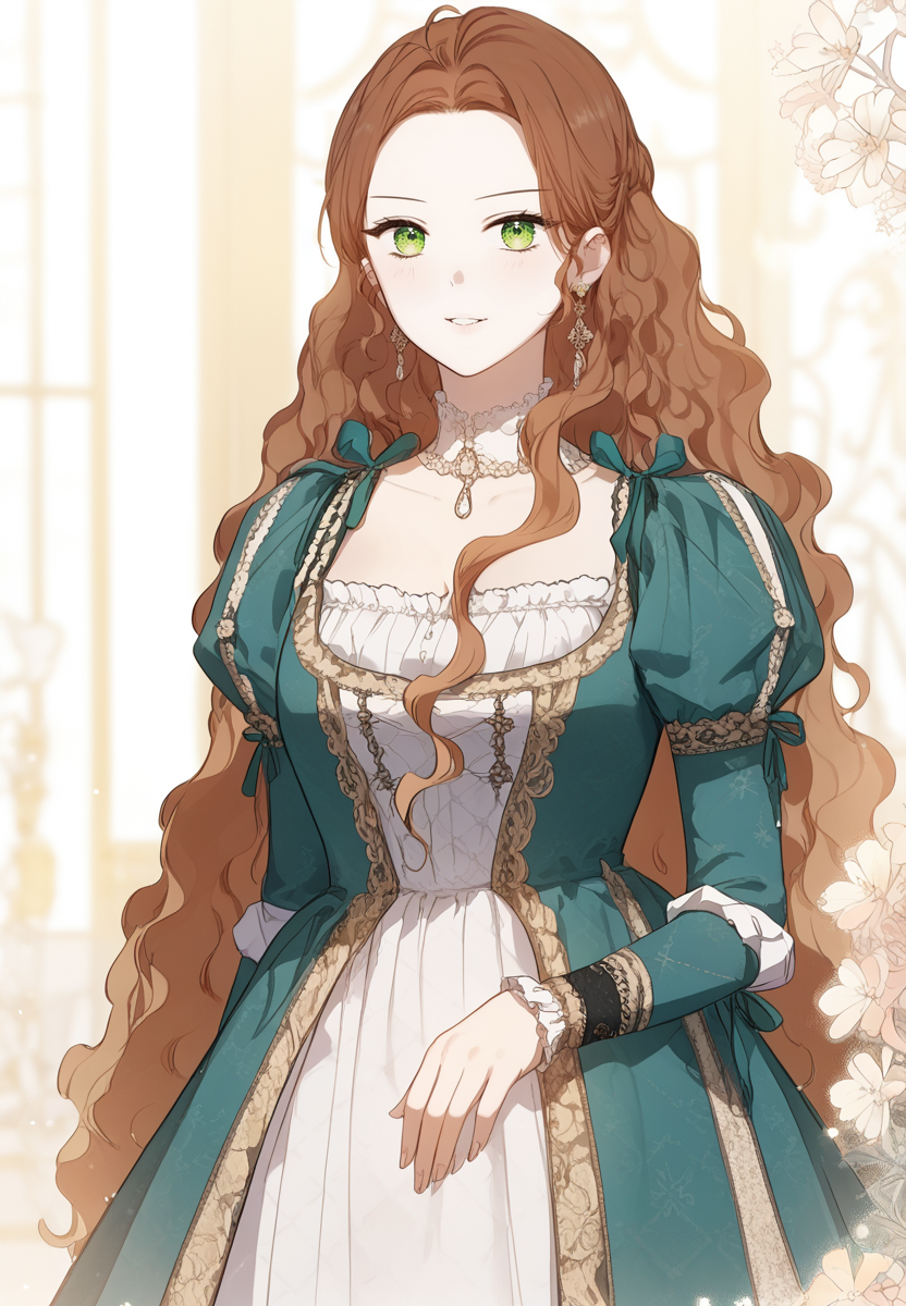 zPDXL3, score_9_up, score_8_up, score_7_up, (Anime_source),Masterpiece,(perfect female body:1.2), small waist, (incredibly detailed:1.4), slim, beautiful fingers, beautiful white skin, Beautiful clear skin, (large breasts:1.4) looking at viewer, big breasts, ass, perfect ass,  <lora:Florentia_Lombardi_-_Ill_Be_the_Matriarch_in_This_Life-Kaleid_PONY:1> florentialombardi, 1girl, long hair, wavy hair, green eyes, brown hair, long sleeves, dress, neckline, parted lips, light smile,