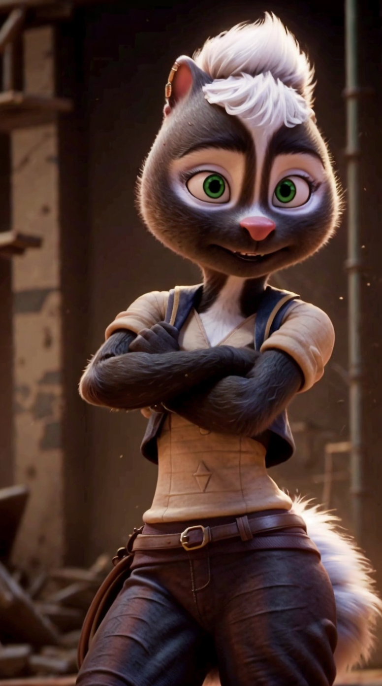 an awarded 3d graphic art, digital art , trending on art station, 1girl <lora:Meg:0.7> meg, skunk ,meg, skunk , flufy tail, skunk tail , green eyes, big eyes, naked ,she make karate pose  cowboy shot  Broad Lighting,(epic scene:1.3),ultradetialed character with perfect face,detailed skin,(ultrasharp:1.3),(masterpiece:1.1),best quality , ultradetailed character,4k perfect quality,cowboy shot<lyco:GoodHands-beta2:1>Magnificent,Imperceptible detail,Intricately designed, impresive, extremally detailed,   <lora:add_detail:1> <lora:add_sharpness:0.63> <hypernet:sxzBloom_sxzBloom:0.7> photorealistic