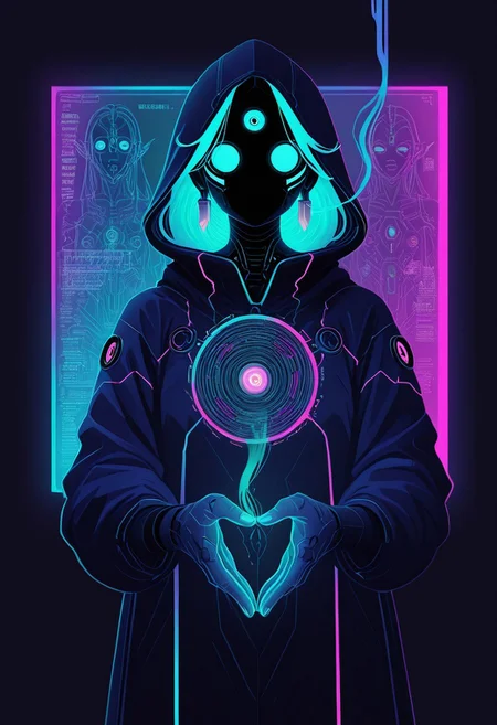 ajnblyst, cyberpunk mystic, hooded figure with glowing circuits tracing across their dark skin, neon pink and electric blue reflections bouncing off their metallic faceplate, mechanical third eye flickering with cryptic symbols, fingers hovering over a floating holographic scripture, the glow of the city’s neon jungle reflected in their chrome jewelry, incense smoke curling in electric blue, futuristic high-contrast film aesthetic, deep blacks and neon brights clashing in a hypnotic dance of light
