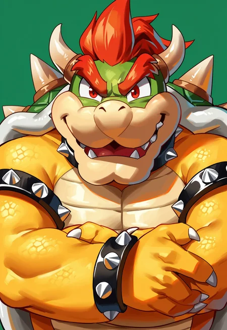 score_9, score_8_up, score_7_up, score_6_up, score_5_up, score_4_up, source_furry, hi res, green background, sfw, close up, rimlight, solo, Bowser, Spiked Bracelets, Spiked Collar, Spiky Shell, red eyes, grin, looking at viewer, anthro, male, arms crossed