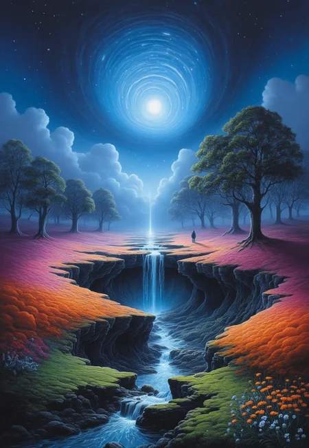 DB4RZ style painting dark art by Patrick McHale and Stephen Darbishire, Surreal cosmic scene, giant teardrop shaped planetary structure split open revealing colorful galaxy inside, small human figure for scale, barren alien landscape background, cosmic clouds in space above, vibrant colors transitioning from cool blues to warm oranges and pinks, highly detailed stellar formations, Streams of pure cobalt blue electron flow perfect one-dimensional channels of quantum conductivity, Perforated corten steel, polished micro-topping, and reclaimed chestnut,, Over the Garden Wall, dark fantasy, atmospheric storytelling, British landscape painting, Lake District scenes, atmospheric and moody landscapes
(8k uhd:1,4)
<lora:add-detail-xl:1>
<lora:Dynamic Poses:1>