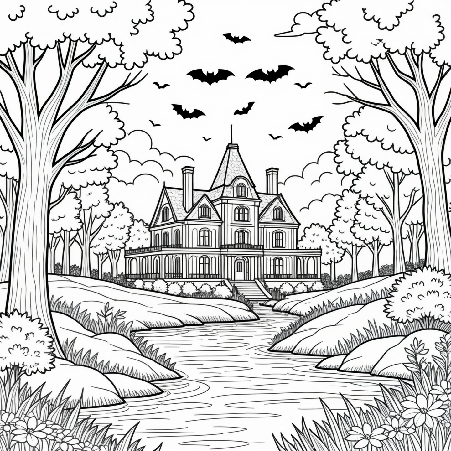 A simple monochrome line drawing for a coloring book.

An old mansion, trees, river. bats flying.

<lora:LineDrawing03_CE_XL_300-OT:0.6> lndrwngCE_style
