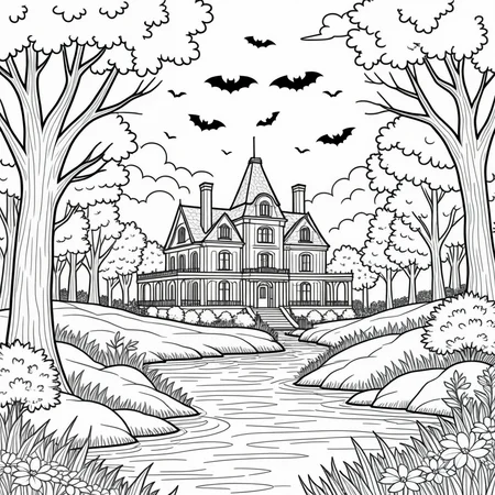 A simple monochrome line drawing for a coloring book.
An old mansion, trees, river. bats flying.
<lora:LineDrawing03_CE_XL_300-OT:0.6> lndrwngCE_style