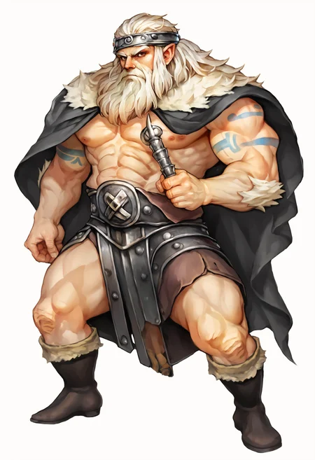score_9,score_8_up,score_7_up,score_6_up,source_anime,<lora:Vanillaware_XL:1>,solo,1girl,1boy,(dwarf:1.5),muscular,pose,looking at viewer,full body,serious,(large beard:1.5),helmet,brown eyes,bare legs,bare arms,black boots,black cape,armor underware,simple background,white background,