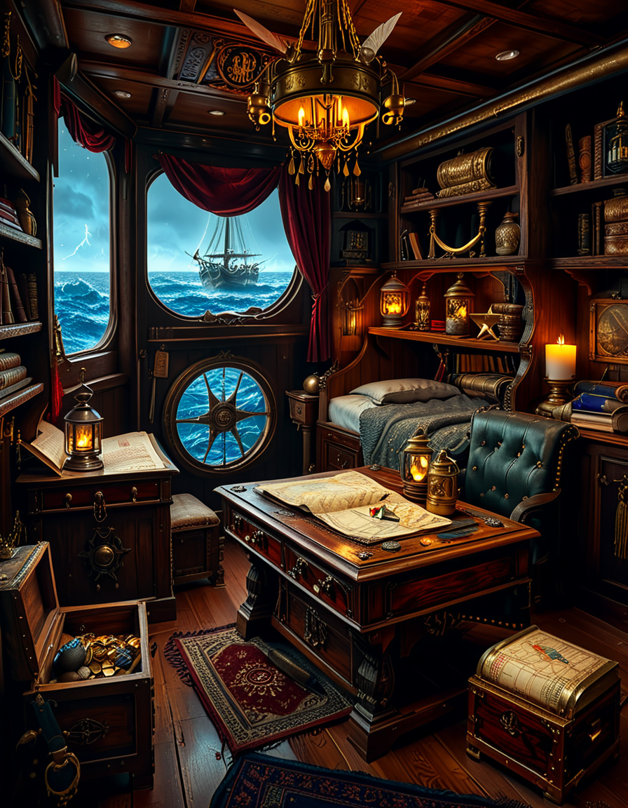 <lora:Captain_c4b1n:1>,Captain c4b1n
A richly detailed pirate captain's cabin aboard an 18th-century wooden ship. The room is dimly lit by flickering candlelight and a hanging oil lantern, casting warm golden glows on the dark oak walls. An ornate wooden desk sits at the center, covered with ancient, weathered maps, a golden compass, and scattered quills with ink bottles. A large, curved window at the back reveals the vast ocean under a moody, cloudy sky, with faint moonlight seeping in.
To the right, a massive wooden bookshelf filled with leather-bound books, nautical charts, and mysterious artifacts, some covered in dust. On the left, a polished mahogany chest with intricate carvings, partially open, revealing gold coins and shimmering gemstones. A grand captain's chair, upholstered in deep red velvet, sits behind the desk, exuding authority and power.
The wooden floor is rugged and slightly uneven, adorned with an old tattered rug. A cutlass and a flintlock pistol rest casually on the desk, while a pirate hat with a large feather hangs on the wall beside a mounted shipâs wheel. The atmosphere is both eerie and majestic, evoking the spirit of adventure and the mysteries of the sea.
<lora:SDXLFaeTastic2400:0.4> <lora:extremely_detailed:0.4> extremely detailed, Masterpiece,best quality,hi res,8k,hi res,8k,award winning,(sharp focus, intricate, highly detailed),