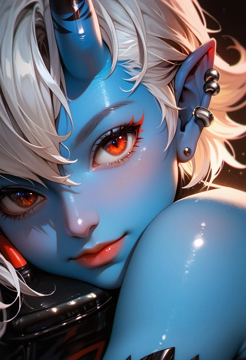 Close-up details, realistic style photo of Soukaku, demon girl, (colored skin), (blue skin:1.5), oni horns, white hair, short hair, red eyes, pointy ears, ear piercing, outstanding style, tall, cute, in her teens, soft lighting to cast gentle shadows on the subject, score_9, score_8_up, score_7_up