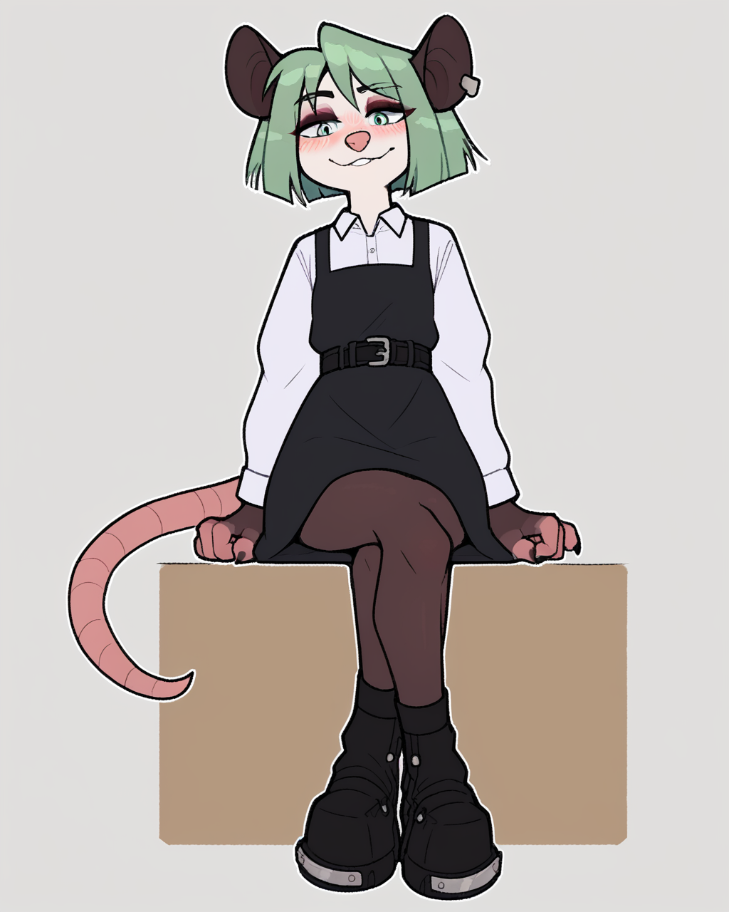 score_9_up, score_8_up, score_7_up, score_6_up, by remanedur, low-angle view,  small breasts, green hair, possum, pose, sitting, gesture, crossed legs,  green eyes, eyeshadow, female, looking down at viewer, looking down,  tail, dress, blush, solo, ear piercing, short hair, smile, black footwear, belt, (three-quarter view), head tilt, simple background, white outline, <lora:Leah_Pines(AIM)_XL_v1:0.15> <lora:PDXL_artist_tags_v2_big:0.55> <lora:The-Minuscule-Task_PDXL_v1.0:0.65> <lora:Nova_Nightingale_jopitr:0.75>