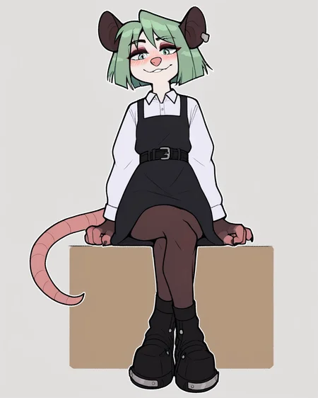 score_9_up, score_8_up, score_7_up, score_6_up, by remanedur, low-angle view, small breasts, green hair, possum, pose, sitting, gesture, crossed legs, green eyes, eyeshadow, female, looking down at viewer, looking down, tail, dress, blush, solo, ear piercing, short hair, smile, black footwear, belt, (three-quarter view), head tilt, simple background, white outline, <lora:Leah_Pines(AIM)_XL_v1:0.15> <lora:PDXL_artist_tags_v2_big:0.55> <lora:The-Minuscule-Task_PDXL_v1.0:0.65> <lora:Nova_Nightingale_jopitr:0.75>
