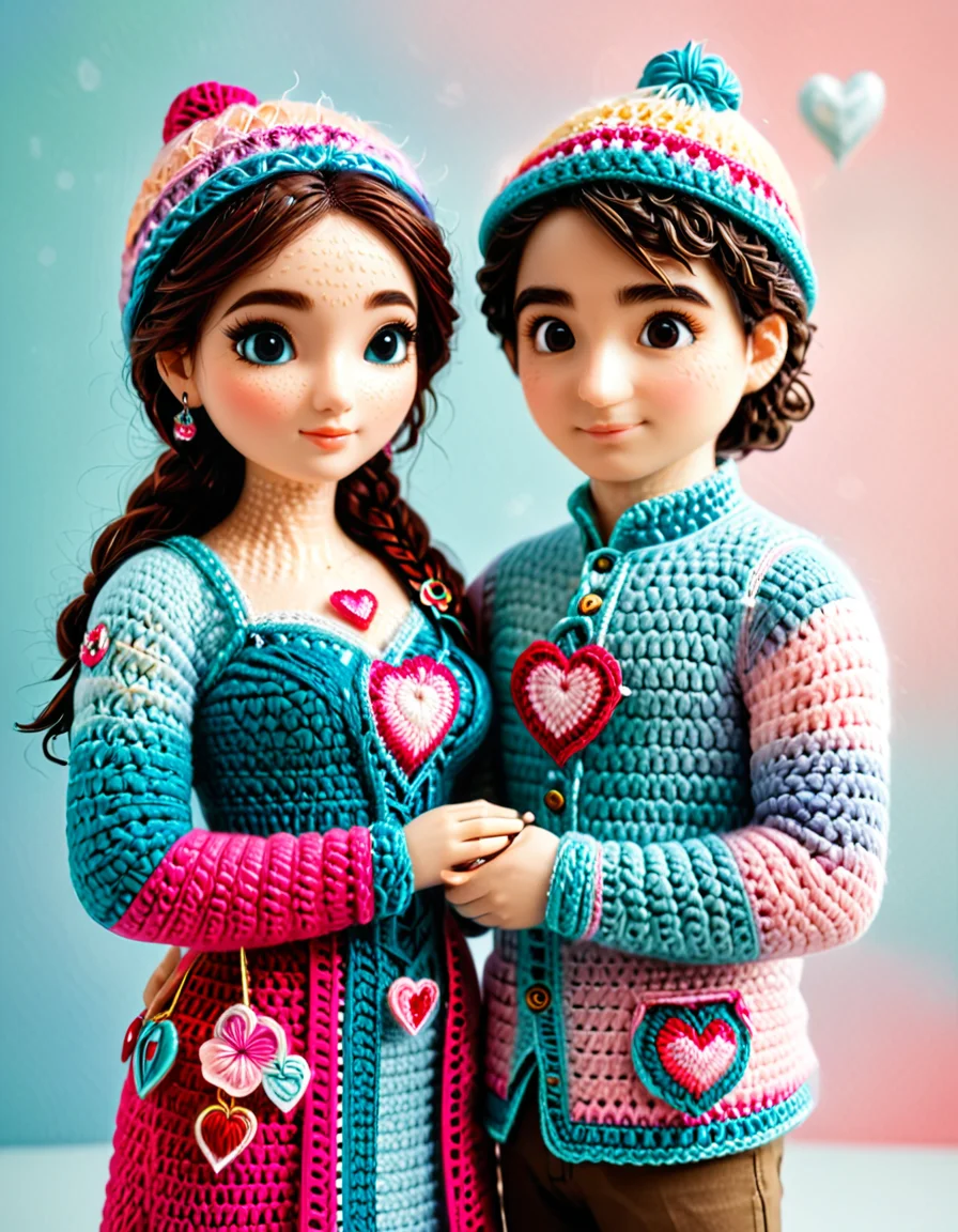 Life-sized crocheted couples frozen in awkward, imperfect poses; hands barely touching, misaligned eyes, and distorted hearts floating above them; soft pastel colors; delicate crochet textures combined with resin transparency; surreal yet tender; humorous yet introspective; celebrating human flaws. <lora:SDXLFaeTastic2400:0.4> <lora:extremely_detailed:0.4> extremely detailed, <lora:cr0ch3t3d:1>,cr0ch3t3d, Masterpiece,best quality,hi res,8k,hi res,8k,award winning,(sharp focus, intricate, highly detailed),