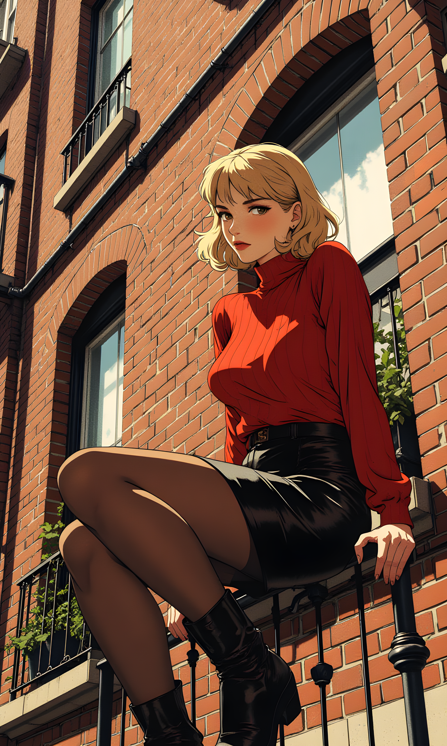The image features a woman sitting on a balcony railing, leaning against a brick wall. She has short, blonde hair styled with bangs and is wearing a red turtleneck sweater paired with a black leather skirt and sheer black tights. Her pose is relaxed yet confident, with one hand resting on the railing and her legs crossed.
The camera captures the subject from a slightly elevated angle, focusing on her upper body and face. The lighting is natural, likely from daylight, casting soft shadows that accentuate the texture of the brick wall and the details of her clothing. The light source appears to be coming from the front-left side, illuminating her face evenly.
The background consists of a brick building with several windows, some of which have decorative metal railings. The architecture suggests an urban setting, possibly in a European city. The windows are framed with white trim, and there are small plants visible on one of the window sills, adding a touch of greenery to the scene.
The composition centers the woman in the frame, with the balcony railing and brick wall framing her from below and behind. The lines of the railing and the vertical lines of the brick wall create a sense of structure and balance in the image. The overall effect is casual yet stylish, capturing a moment of quiet confidence in an everyday urban environment.
BREAK anime, d13s3lp2nk, bboil artist style, OBdonman, Anime art, <lora:FLUX\Anime Art V3:0.2>, <lora:FLUX\Synesthesia:0.2>, <lora:FLUX\RetroAnimeS1.1:0.5>, <lora:FLUX\Flux-jijia:0.1>, <lora:FLUX\It's a LoRA for portraits, BUT! actually specialized in backgrounds. v1.0:0.1>, <lora:FLUX\GLSHS:0.2>, <lora:FLUX\Dieselpunk Delight - s0_9 g4:0.4>, <lora:FLUX\OBdonman, anime0style portrait:0.1>