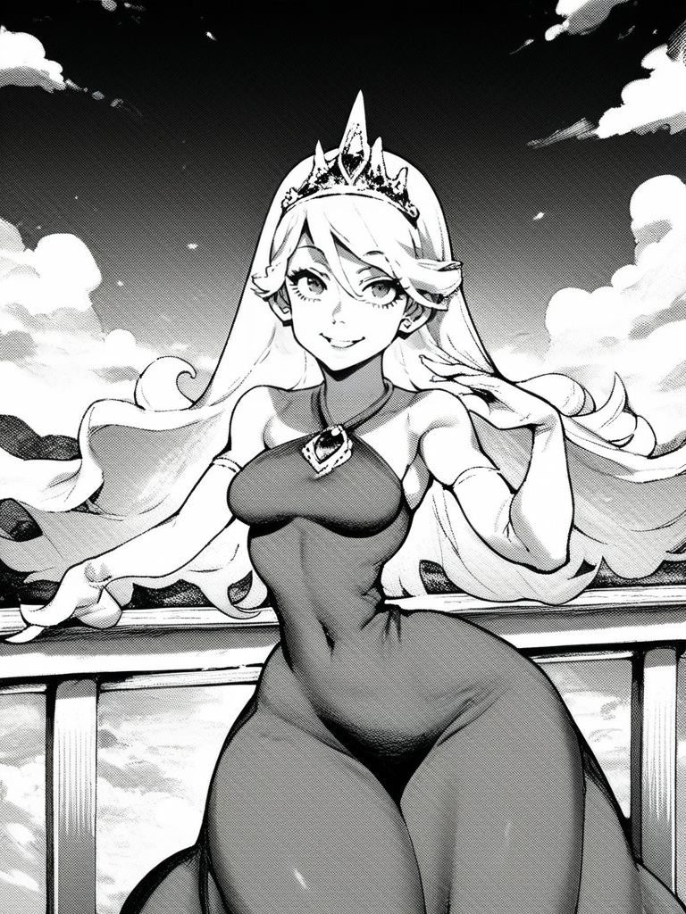 score_9, score_8_up, score_7_up, score_6_up, princess girl, princess dress, clothes, tiara, blonde, eyes, white elbow gloves, balcony, clouds, sky, medium breasts, narrow waist, wide hips, thick thighs, looking at viewer, cowboy shot, dynamic pose, cute, wide shot, solo, sexually suggestive, light smile, 
 <lora:ABearHand_style:1>, HandBeardXLP, monochrome, greyscale,