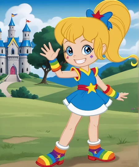 score_9, solo, 1girl, rb2014, rainbow motif, blue eyes, blonde hair, ponytail, big grin, waving, looking at viewer, full body, close up, star (symbol), detailed face, dress, child, traditional media, official screencap, retro artstyle, castle, <lora:rb2014:1>,