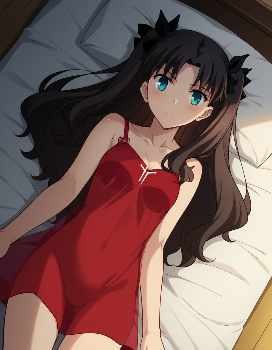 score_9, score_8_up, score_7_up, source_anime, rintohsaka, <lora:rin-tohsaka-ubw-ponyxl-lora-nochekaiser:1>, rin tohsaka, aqua eyes, black hair, hair ribbon, long hair, ribbon, sidelocks, two side up, parted bangs,, <lora:chemise-ponyxl-lora-nochekaiser:1>, chemise, strap slip, see-through, bare shoulders, collarbone, thighs,, indoors, bed, bed room, on back, on bed, blush,, cowboy shot, dutch angle, looking at viewer,